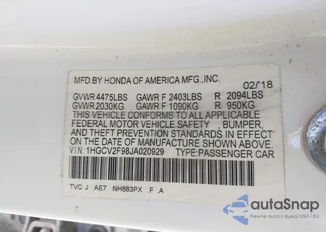 2018 Honda Accord Touring 2.0T из США, поврежденный, VIN 1HGCV2F98JA020929